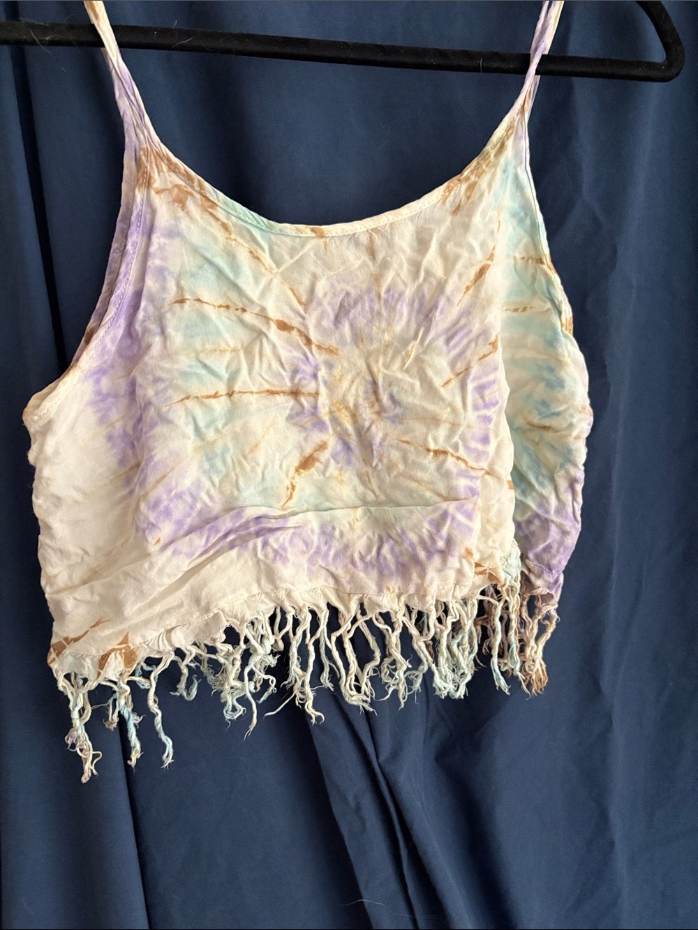 Tie-Dye Fringe Crop Tank Top - Lavender & Cream
